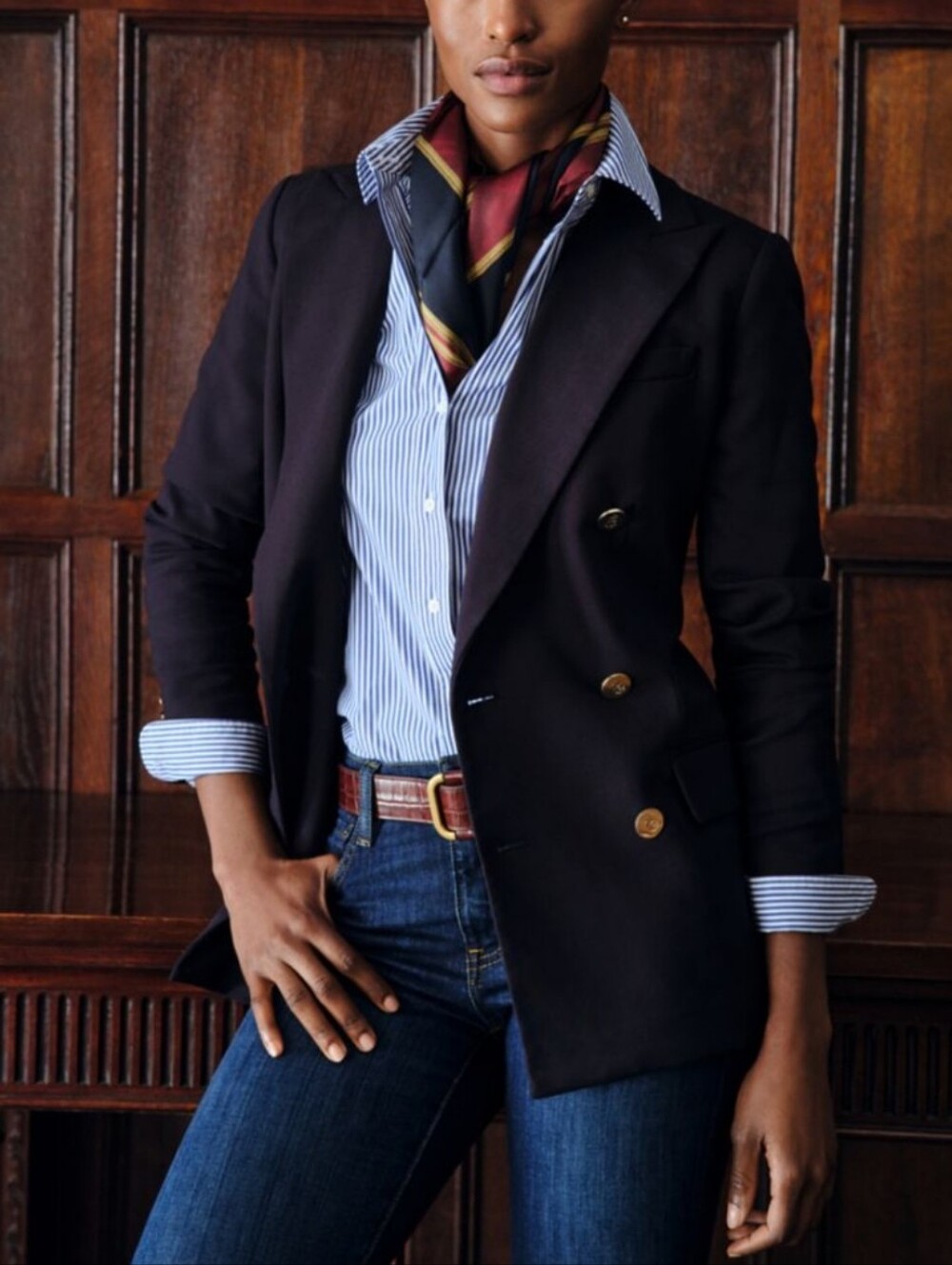 Lauren Ralph Lauren Double-Breasted Wool Crepe Navy Gold Button Blazer